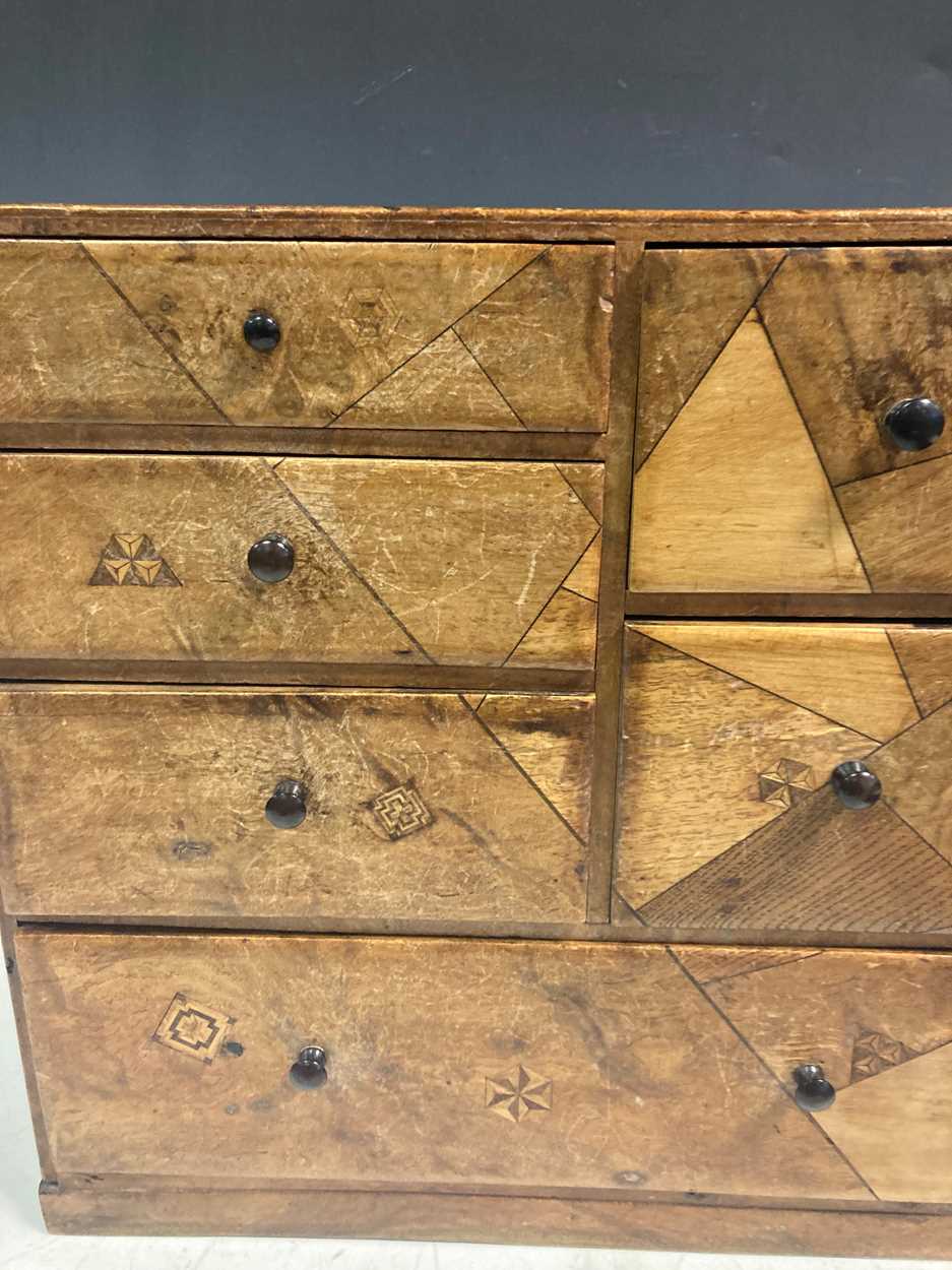 A small parquetry inlaid chest of drawers, 33.5 x 33 x 22cm, and a small zither (2) - Image 7 of 10