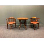 Two Edwardian corner chairs together with an inlaid ocassional table 71 x 75cm