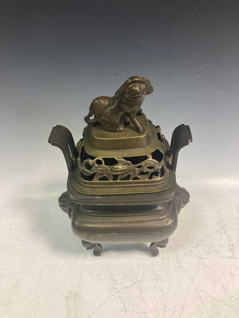 A Chinese bronze censor, with Fo dog handle and foliate pierced collar to the lid, 31 x 21 x 15cm - Image 7 of 10