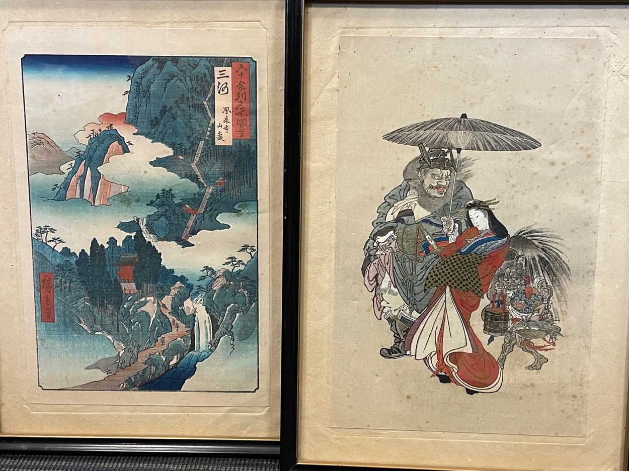 Two Japanese woodblock prints (one after Hiroshige), a costume doll in glass case, etc