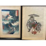 Two Japanese woodblock prints (one after Hiroshige), a costume doll in glass case, etc