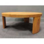 A modern circular burr oak coffee table on three legs, 39 x 100cm