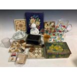 Various ceramics and glass including floral painted jug and tumblers, tiles, 2 Tunbridge ware