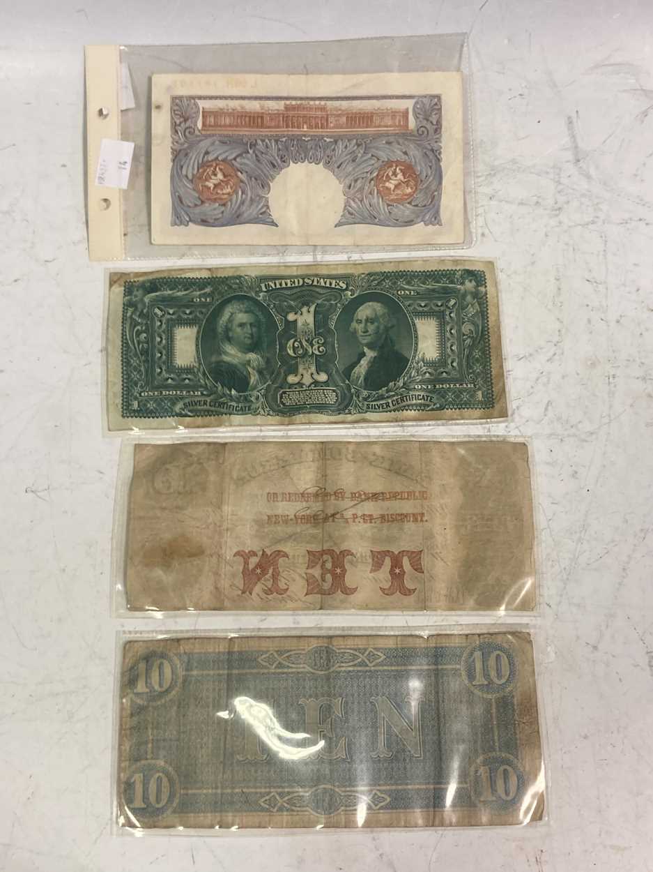 Four bank notes to include: The Confederate States of America ten dollar note hand numbered 925/ - Image 2 of 8