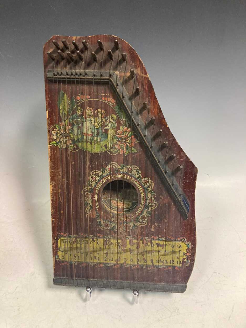 A small parquetry inlaid chest of drawers, 33.5 x 33 x 22cm, and a small zither (2) - Image 9 of 10