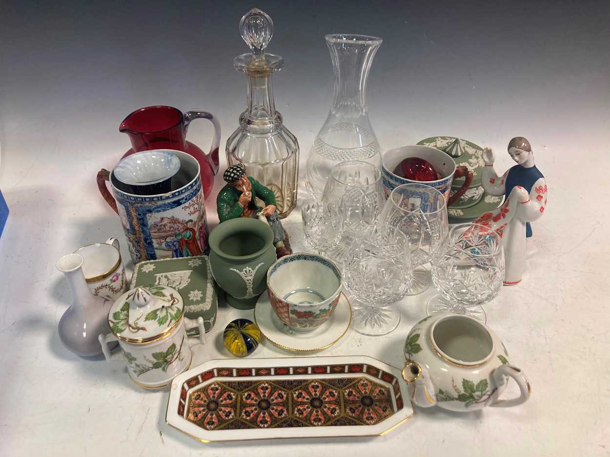 Assorted china and glass including Wedgwood, two Chinese mugs (damaged), a decanter, a Russian