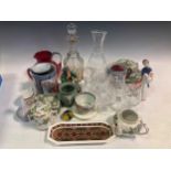 Assorted china and glass including Wedgwood, two Chinese mugs (damaged), a decanter, a Russian