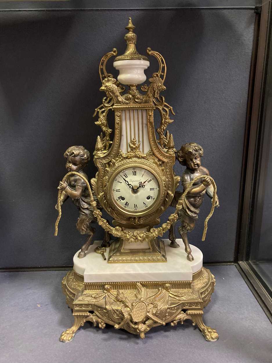 A French style reproduction gilt metal and marble lyre shape mantel clock, 60cm high - Image 6 of 6