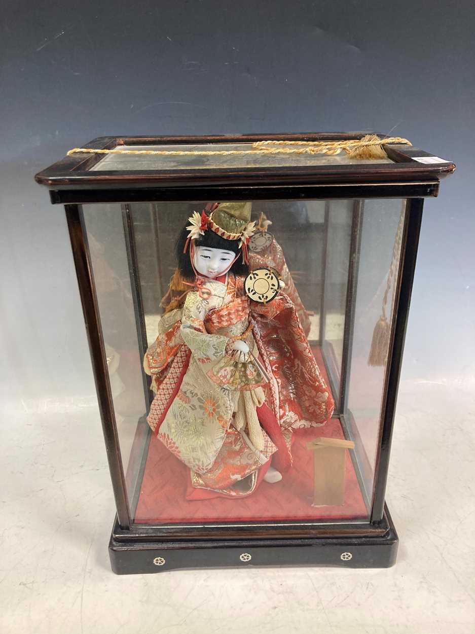 Two Japanese woodblock prints (one after Hiroshige), a costume doll in glass case, etc - Image 3 of 8