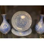 Various blue and white transfer printed wares to include Midwinter landscape pattern plates, side