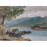 Mariani (circa.1900)Two figures by a Lucia on the shore of Cadenabbia with Bellagio in the distance,
