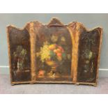 A 19th century three fold painted leather screen depicting grapes within a pedestal bowl95 x