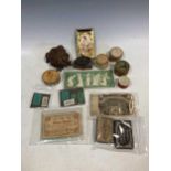 A model cast iron toad 9cm, and various small 19th century needle and other cases and boxes,