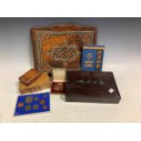 Mahjong set with green-backed bamboo tiles; together with instructions, two small leather boxes, a
