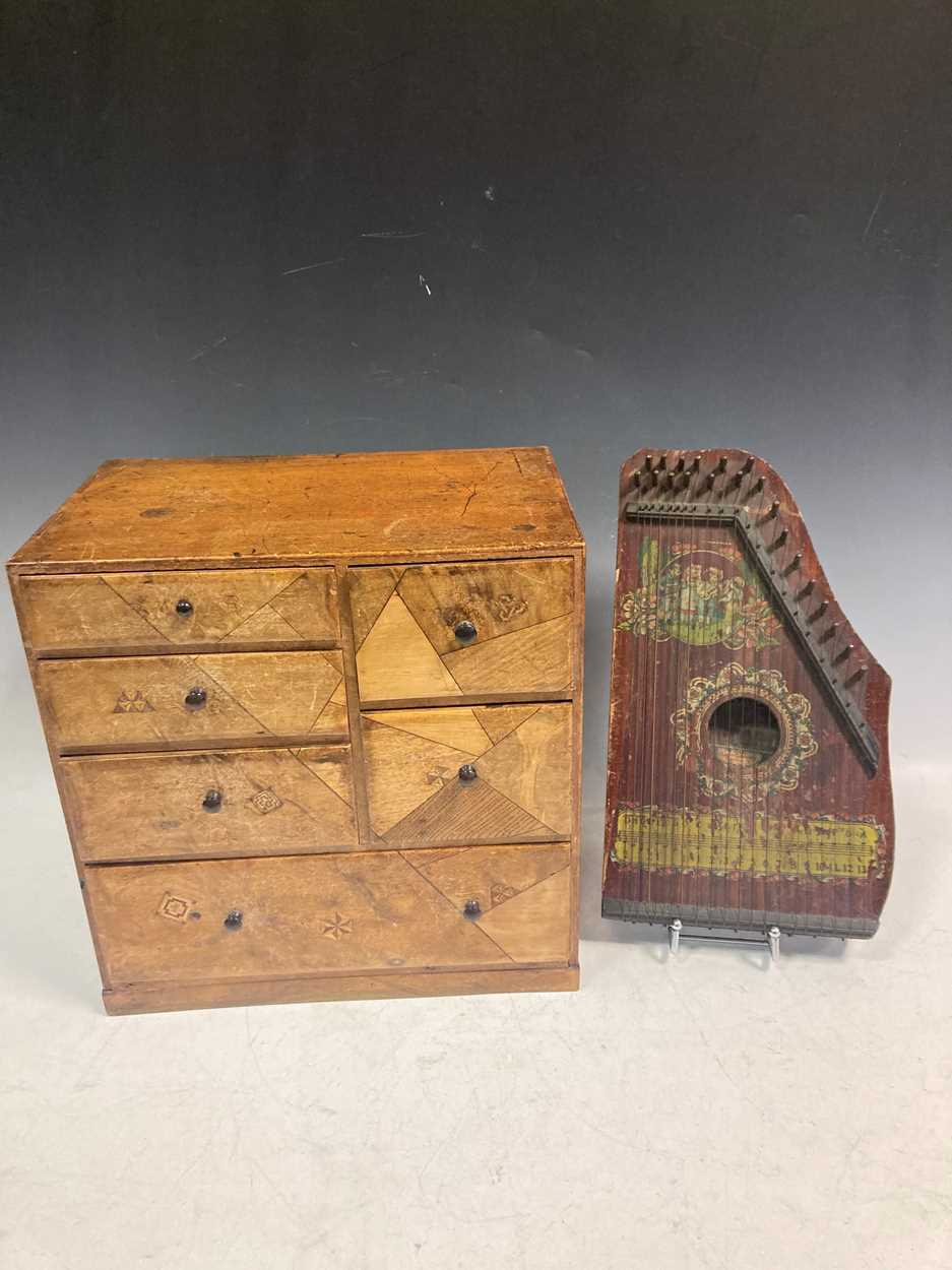A small parquetry inlaid chest of drawers, 33.5 x 33 x 22cm, and a small zither (2) - Image 2 of 10