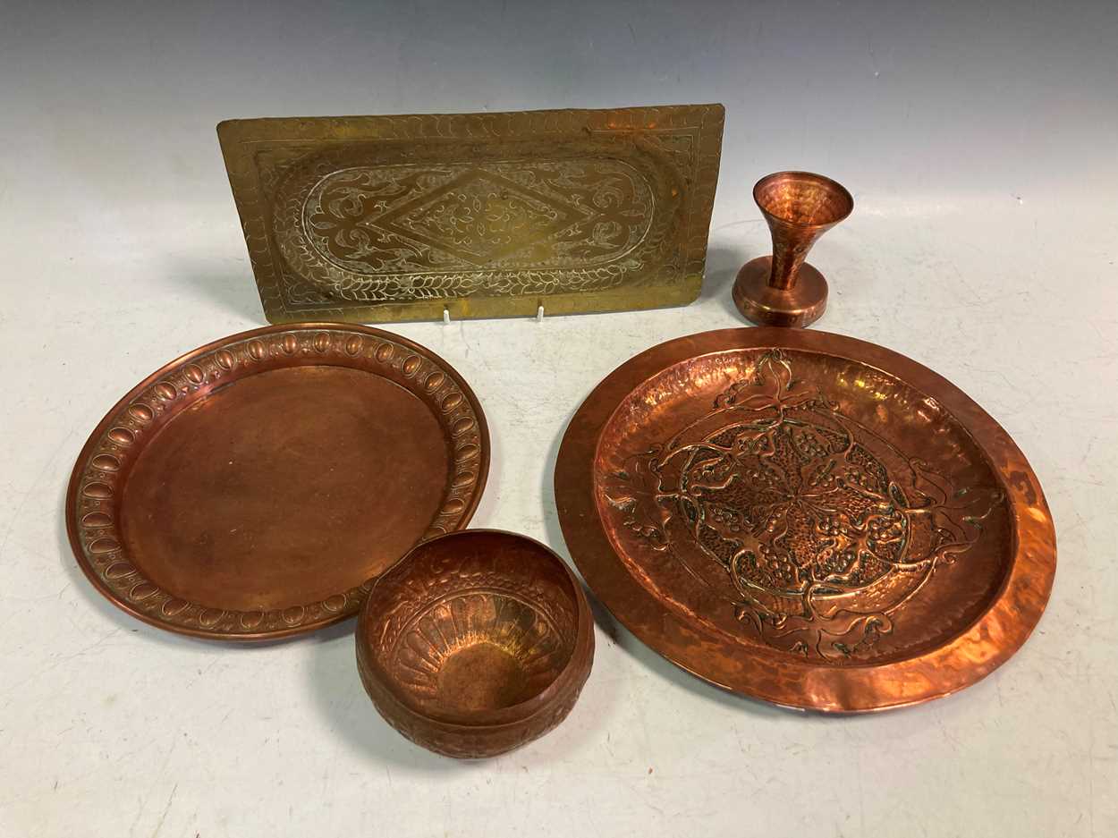A Newlyn style copper dish and items of brass and copper