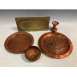 A Newlyn style copper dish and items of brass and copper