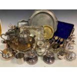 A quantity of silver plated items including tea set, basket, tankard etc together with a small