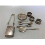 A collection of silverware including cigarette case, pin tray, napkin rings, flatware etc 12ozt