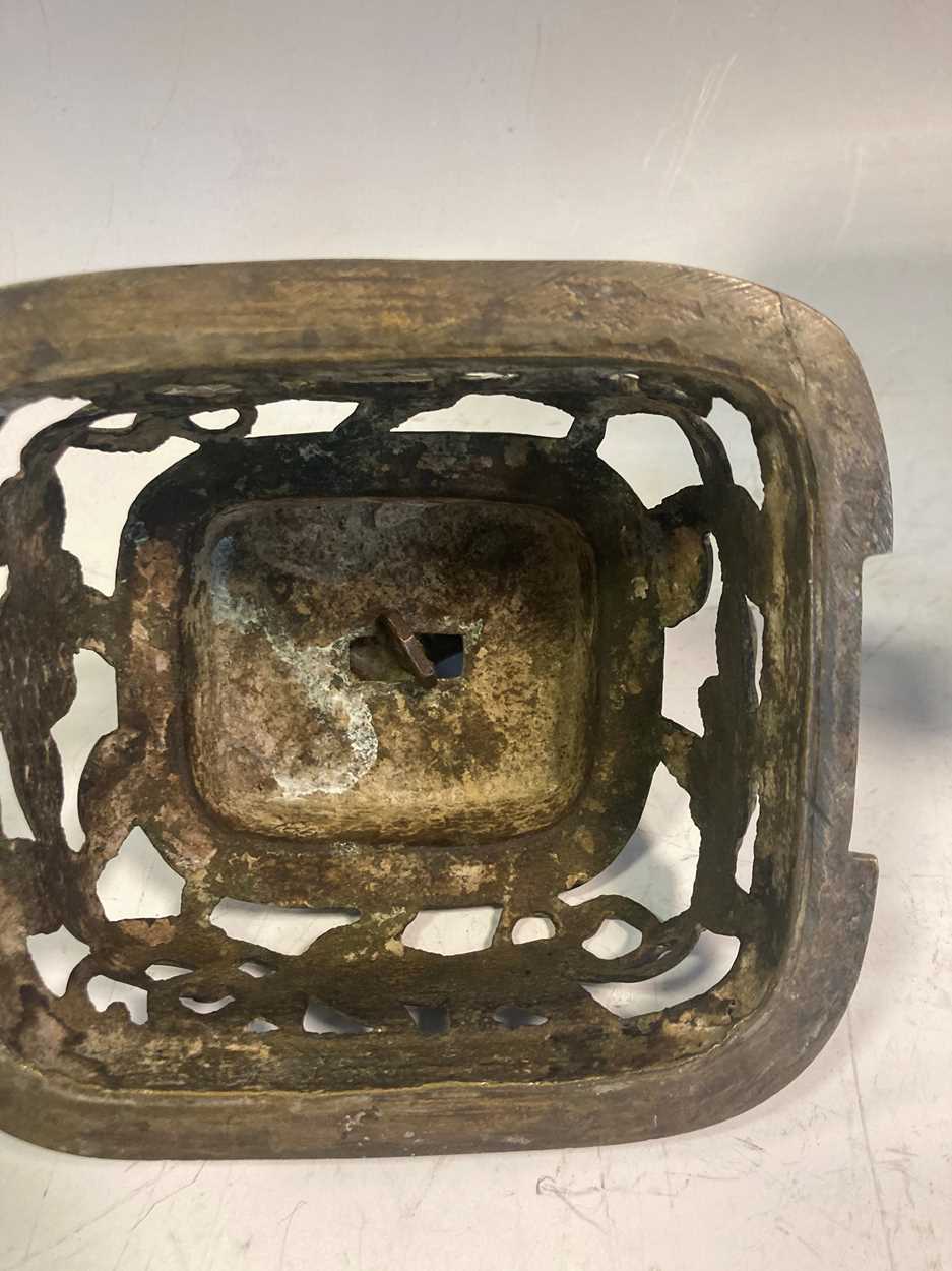 A Chinese bronze censor, with Fo dog handle and foliate pierced collar to the lid, 31 x 21 x 15cm - Image 3 of 10