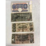 Four bank notes to include: The Confederate States of America ten dollar note hand numbered 925/