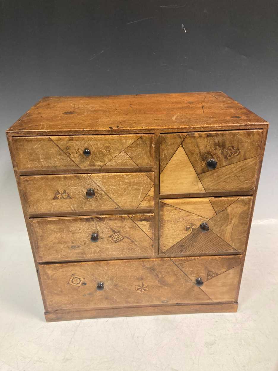 A small parquetry inlaid chest of drawers, 33.5 x 33 x 22cm, and a small zither (2) - Image 3 of 10