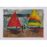 Two modern signed prints by Jenny Sanders (one on batik) 24.5 x 33cm and 45 x 13.5cm, a modern boats