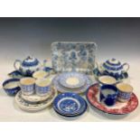 A Masons blue and white tea pot, an Old Willow patter tea pot, other Willow pattern transfer printed