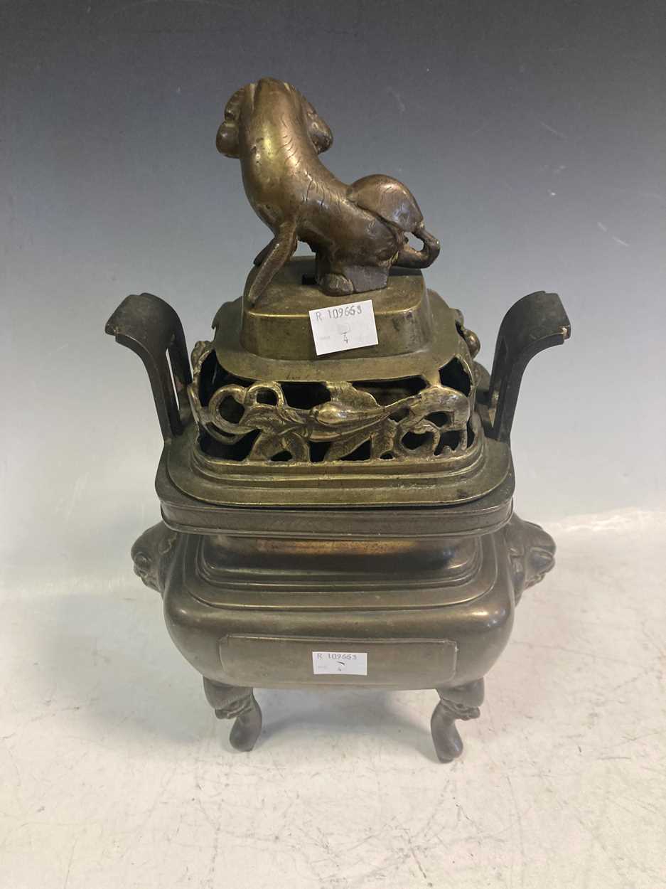 A Chinese bronze censor, with Fo dog handle and foliate pierced collar to the lid, 31 x 21 x 15cm - Image 10 of 10