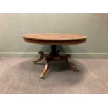 A Regency brass inlaid mahogany breakfast table, the circular top with brass line inlay on a