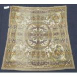 A machine woven wall hanging depicting Persian soliders and phoenixes around a central medallion,
