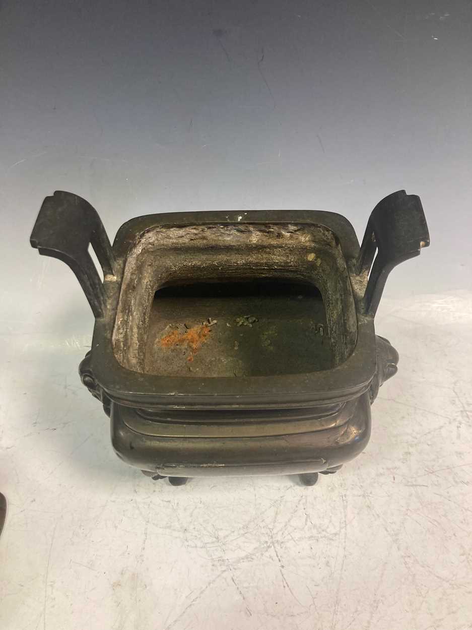 A Chinese bronze censor, with Fo dog handle and foliate pierced collar to the lid, 31 x 21 x 15cm - Image 6 of 10