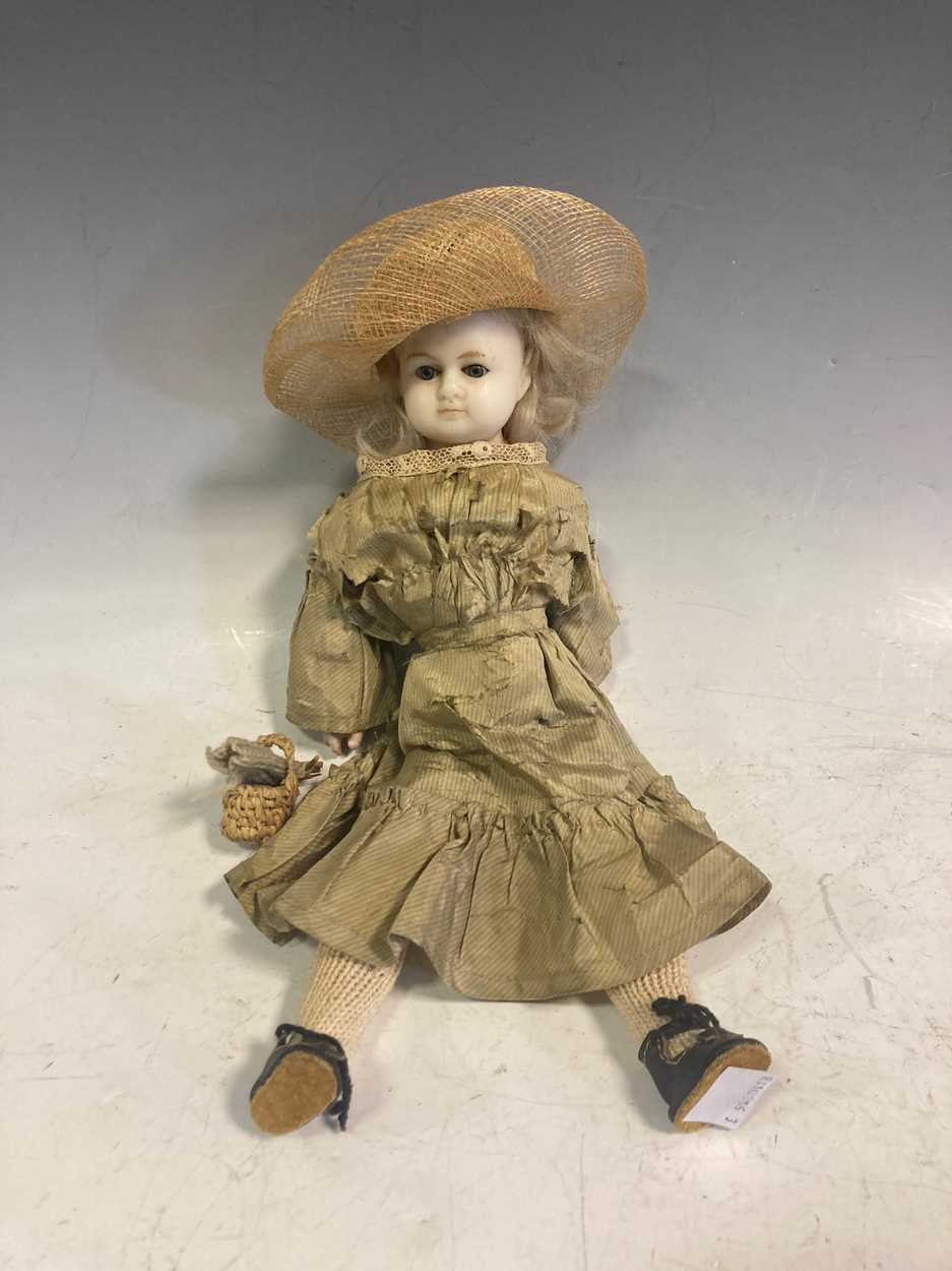 Two wax dolls early 20th century, one with a weaved sunhat, the other in a white gown, 29cm and - Image 9 of 9