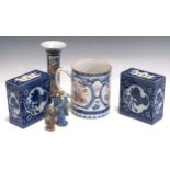 A Chinese cylindrical porcelain vase painted with two panels of polychrome figures, a large mug (