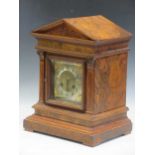 Late Victorian architectural case walnut mantel clock, with German movement striking on 2 gongs,