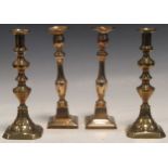 Two pairs of brass candlesticks approx 28cm high and plated oval tray (5)