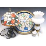 A Tiffany style table lamp 36cm high together with a a similar ceilling light shade 35cm wide and