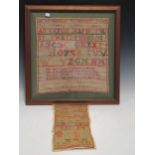 A framed alphabet and number band sampler with 4 line verse below, dated 1828, 42cm square, frame