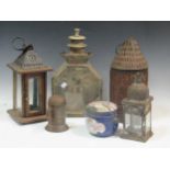 A quantity of tin and toleware lanterns, tallest 37cm high; with an enamel lidded bowl Provenance: