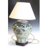 A modern porcelain blue and white lamp in Chinese Ming style of baluster form, including shade, 68cm