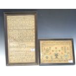 Two 19th century needlework samplers dated 1828 and 1850, one decorated with central urn issuing
