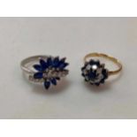 A hallmarked 18ct gold diamond and sapphire cluster ring (one stone lacking), weight 4.5g,
