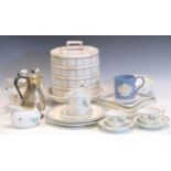 A 19th century part tea service with green leaf decoration and Wedgwood creamware dishes together
