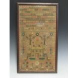 A needlework sampler with verses above house within a garden, dated 1846, 57 x 32cm