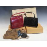 A collection of evening bags and purses and a silk embroided flapper dress