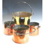 Graduated set of 3 copper pans and a brass jam pan (3)Smallest copper: 14.5cm high and 15.5cm