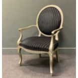 A large Louis XV style armchair by Grange, grey painted with striped fabric104 x 68 x