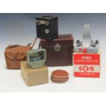 Agfa camera, old quarter plate camera in leather case, etc