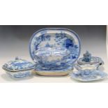 Collection of Victorian blue and white printed china wares including a Spode meat plate Rome/Tiber
