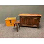 A floral painted box, together with a milking stool and an oak three panelled coffer (3)Provenance: